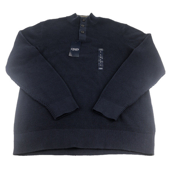 Chaps‎ Men's Sweater Large Cable Knit Mock Neck Quarter Button Pullover Blue - Picture 1 of 14